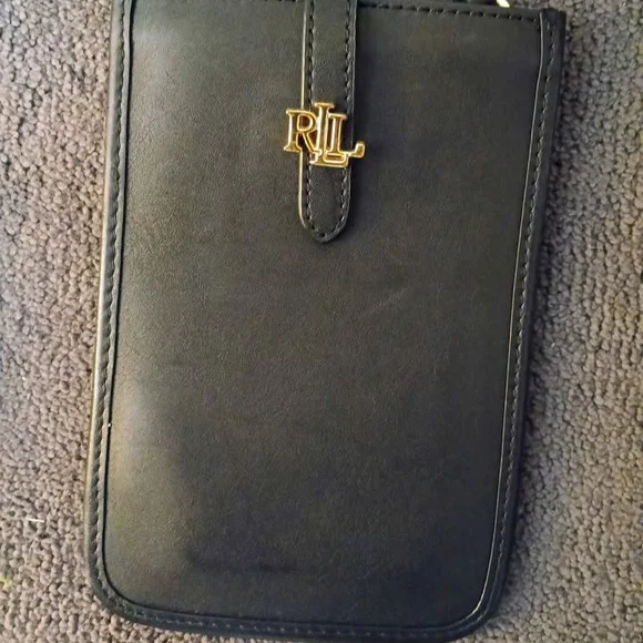 Lauren Ralph Lauren Black Leather Phone Crossbody with Gold Logo - Picture 7 of 7